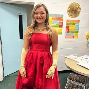 Red strapless high low bubble dress